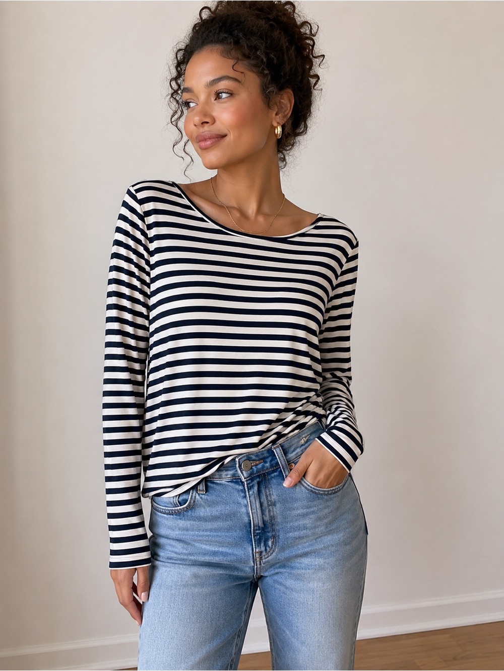 Part Two Copenhagen Navy Cream Striped 100% TENCEL Lyocell Top Size L